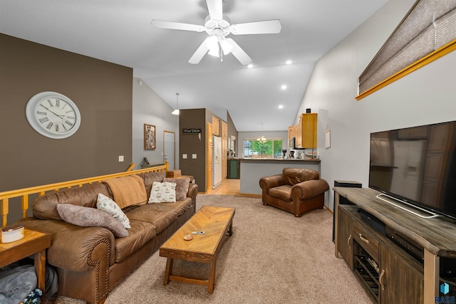 7308 W 53rd St, Sioux Falls, SD 57106 - living area featuring ceiling fan, light carpet, and vaulted ceiling