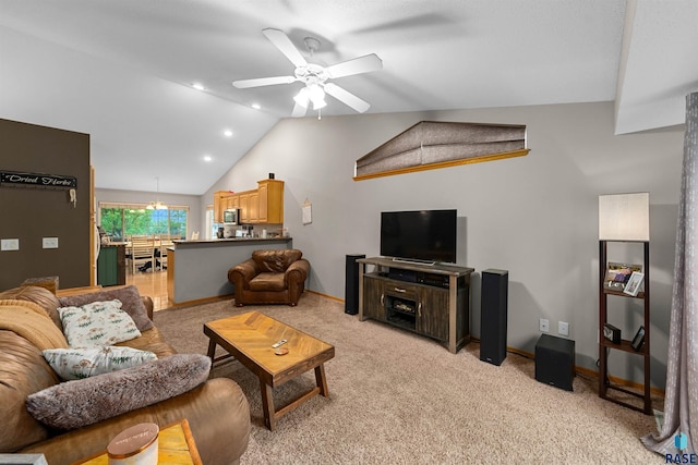 7308 W 53rd St, Sioux Falls, SD 57106 - living room with vaulted ceiling, baseboards, light carpet, ceiling fan, and recessed lighting