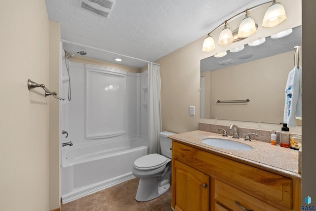 7308 W 53rd St, Sioux Falls, SD 57106 - full bathroom with vanity, shower / bathtub combination with curtain, toilet, tile patterned flooring, and a textured ceiling
