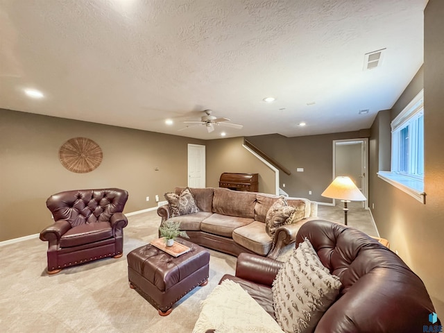 108 W Hazeltine Ln, Sioux Falls, SD 57108 - living room featuring recessed lighting, baseboards, ceiling fan, light carpet, and a textured ceiling