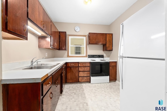 1530 W 10th St, Sioux Falls, SD 57104 - kitchen featuring freestanding refrigerator, range with electric stovetop, a sink, light countertops, and light flooring