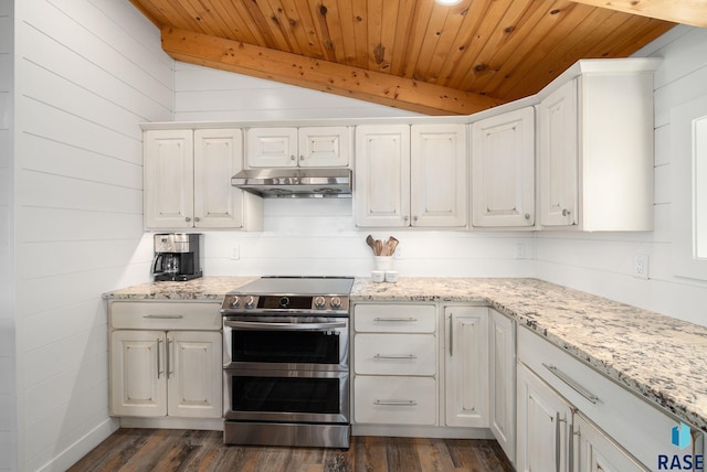 6604 Peninsula Pt, Wentworth, SD 57075 - kitchen featuring double oven range, under cabinet range hood, wood ceiling, dark wood-type flooring, and white cabinets