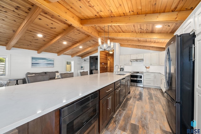 6604 Peninsula Pt, Wentworth, SD 57075 - kitchen with appliances with stainless steel finishes, a sink, dark wood-type flooring, wooden ceiling, and white cabinetry