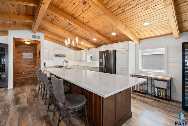 6604 Peninsula Pt, Wentworth, SD 57075 - kitchen featuring stainless steel fridge with ice dispenser, dark wood-type flooring, wooden ceiling, a sink, and white cabinets