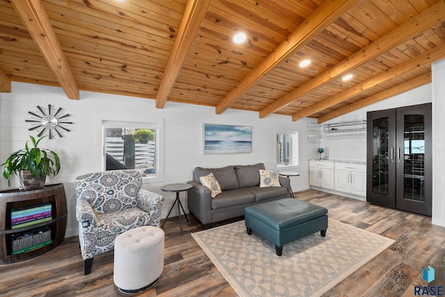 6604 Peninsula Pt, Wentworth, SD 57075 - living room featuring wood ceiling, wood finished floors, and french doors