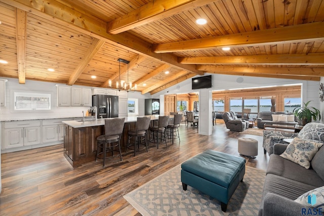 6604 Peninsula Pt, Wentworth, SD 57075 - living room with wooden ceiling, wood finished floors, a chandelier, and recessed lighting