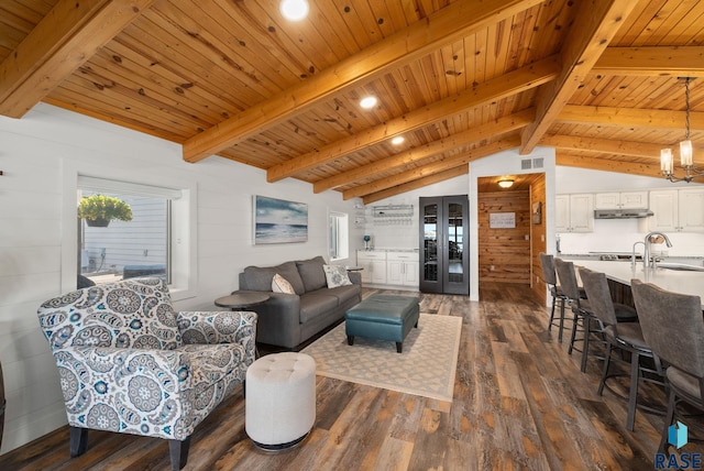 6604 Peninsula Pt, Wentworth, SD 57075 - living area featuring wooden ceiling, dark wood-type flooring, recessed lighting, and a chandelier