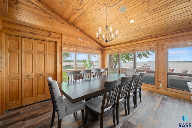6604 Peninsula Pt, Wentworth, SD 57075 - dining room with a chandelier, wood ceiling, plenty of natural light, wood walls, and hardwood / wood-style flooring