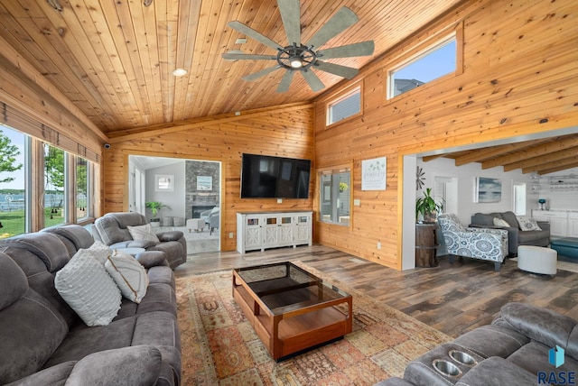 6604 Peninsula Pt, Wentworth, SD 57075 - living area with wooden walls, wood finished floors, ceiling fan, wooden ceiling, and high vaulted ceiling