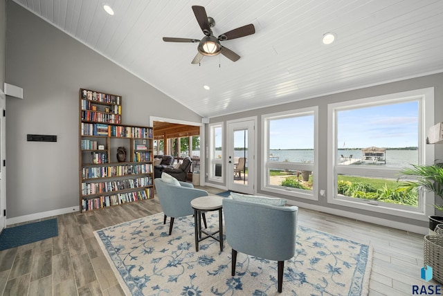 6604 Peninsula Pt, Wentworth, SD 57075 - office space with recessed lighting, wood ceiling, ceiling fan, lofted ceiling, and a water view