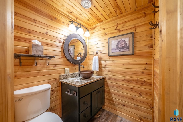 6604 Peninsula Pt, Wentworth, SD 57075 - half bath with vanity, wooden ceiling, toilet, wooden walls, and wood finished floors