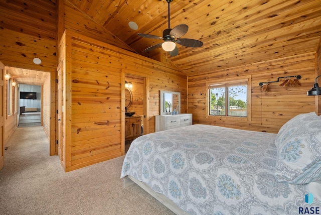 6604 Peninsula Pt, Wentworth, SD 57075 - carpeted bedroom with vaulted ceiling, wooden walls, wood ceiling, and ceiling fan