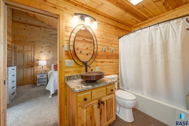 6604 Peninsula Pt, Wentworth, SD 57075 - bathroom with wood walls, vanity, wood ceiling, toilet, and shower / bath combo with shower curtain