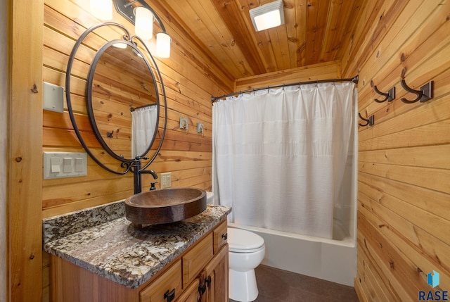 6604 Peninsula Pt, Wentworth, SD 57075 - full bathroom featuring wooden walls, vanity, wood ceiling, toilet, and shower / bath combination with curtain