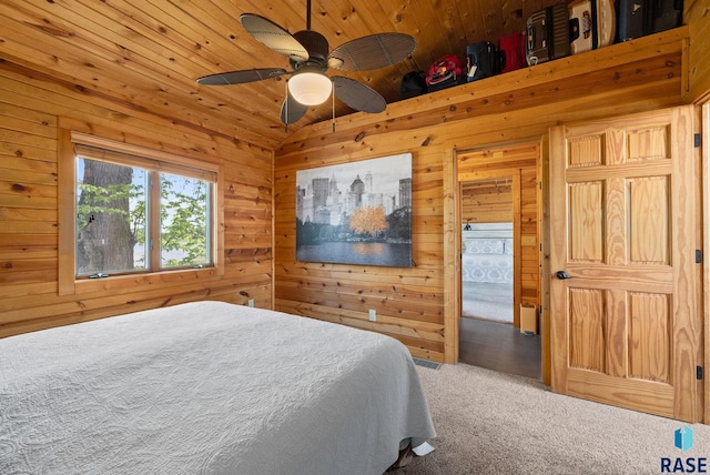 6604 Peninsula Pt, Wentworth, SD 57075 - bedroom featuring wooden walls, wood ceiling, carpet, lofted ceiling, and a ceiling fan