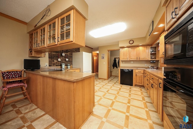 48224 266th St, Brandon, SD 57005 - kitchen featuring black appliances, a peninsula, a sink, light countertops, and glass insert cabinets