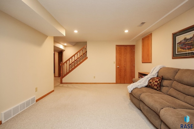 48224 266th St, Brandon, SD 57005 - living room featuring carpet, recessed lighting, stairs, and baseboards