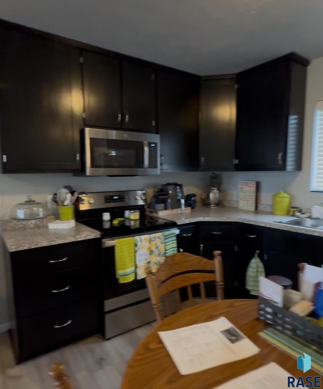 203 Cherry Ln, Chamberlain, SD 57325 - kitchen featuring stainless steel appliances, dark cabinets, a sink, and light wood finished floors