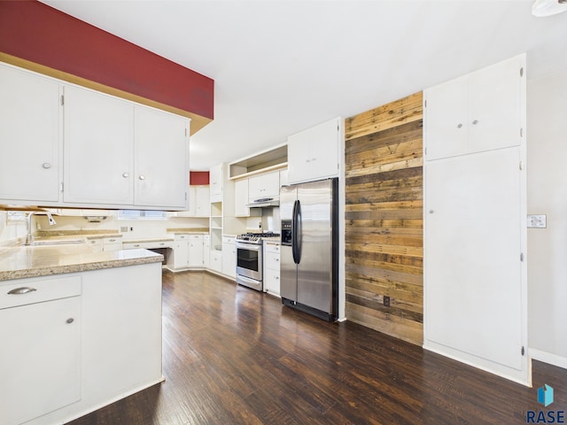 105 S Elm St, Lennox, SD 57039 - kitchen with stainless steel appliances, a sink, dark wood finished floors, wood walls, and white cabinetry