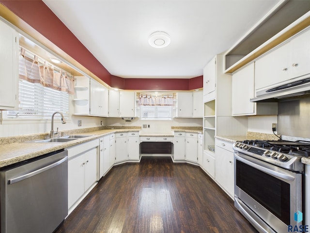 105 S Elm St, Lennox, SD 57039 - kitchen with appliances with stainless steel finishes, a sink, dark wood finished floors, light countertops, and under cabinet range hood