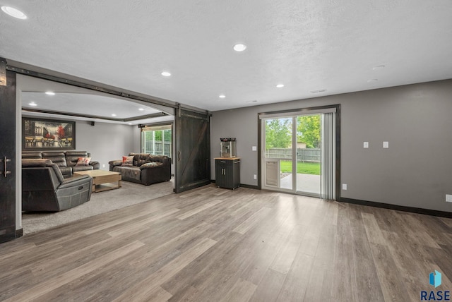 3909 E Shepherd St, Sioux Falls, SD 57103 - living area with a barn door, wood finished floors, recessed lighting, baseboards, and a textured ceiling