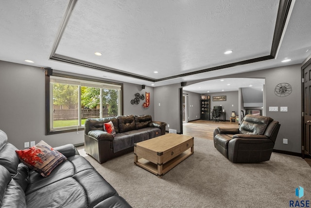 3909 E Shepherd St, Sioux Falls, SD 57103 - living area featuring a tray ceiling, recessed lighting, a textured ceiling, baseboards, and carpet floors