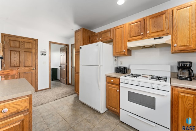 39240 210th St, Huron, SD 57350 - kitchen featuring white appliances, under cabinet range hood, light countertops, light carpet, and brown cabinetry