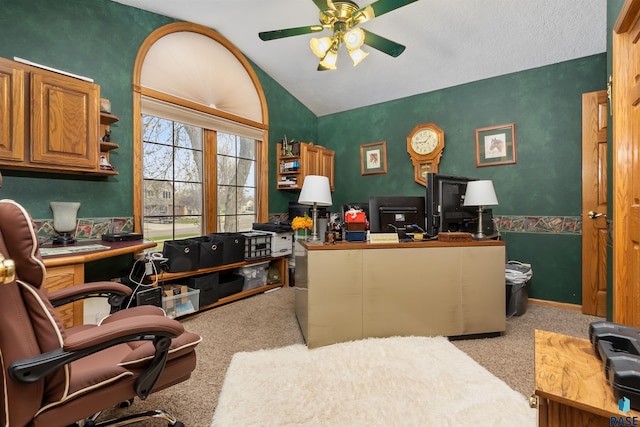 7005 W Strabane Trl, Sioux Falls, SD 57106 - carpeted home office featuring ceiling fan, vaulted ceiling, and baseboards