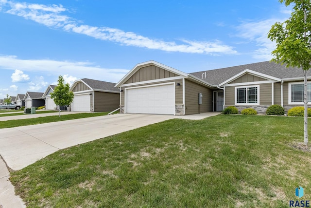 6702 W Gresford Pl, Sioux Falls, SD 57106 - view of front of home with stone siding, board and batten siding, an attached garage, and concrete driveway