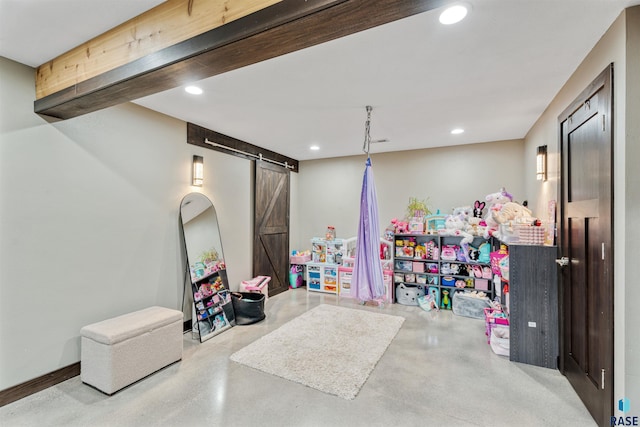1716 E Tracy Ln, Sioux Falls, SD 57103 - recreation room featuring a barn door, recessed lighting, and concrete flooring