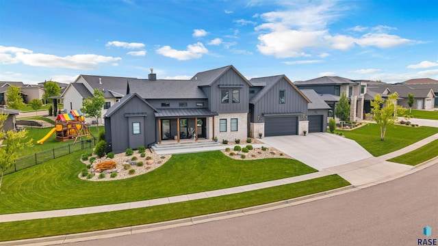 212 Autumnwood Ct, Sioux Falls, SD 57110 - modern farmhouse featuring board and batten siding, a residential view, driveway, covered porch, and a garage