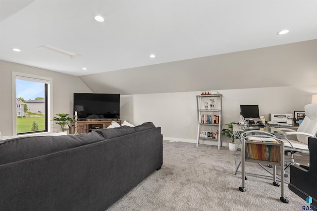 212 Autumnwood Ct, Sioux Falls, SD 57110 - living area with a desk, light carpet, lofted ceiling, recessed lighting, and baseboards