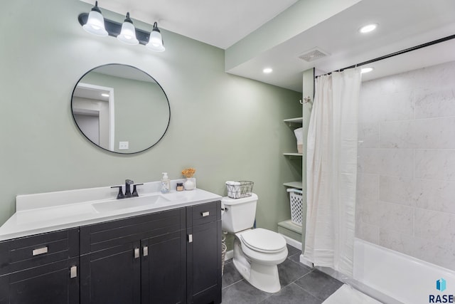 4201 E 22nd St, Sioux Falls, SD 57103 - full bathroom with toilet, vanity, tile patterned flooring, shower / bathtub combination with curtain, and recessed lighting