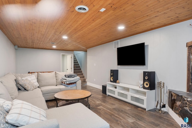 4201 E 22nd St, Sioux Falls, SD 57103 - living area featuring stairs, wood finished floors, wooden ceiling, and recessed lighting