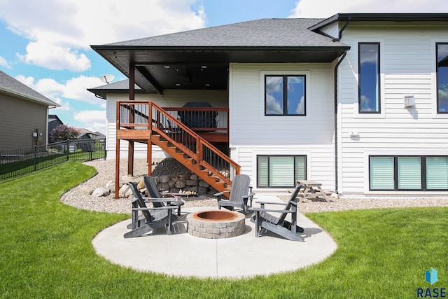 8609 E Fiddlewood Dr, Sioux Falls, SD 57110 - rear view of property with an outdoor fire pit, stairs, a deck, a patio area, and roof with shingles