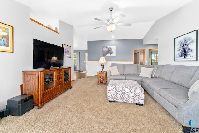 46493 258th St, Hartford, SD 57033 - living area featuring light colored carpet, lofted ceiling, and ceiling fan