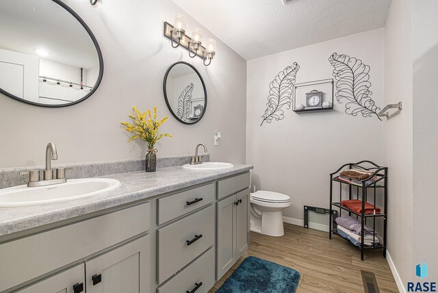 120 St Charles Cir, Harrisburg, SD 57032 - bathroom with double vanity, toilet, wood finished floors, a textured ceiling, and baseboards