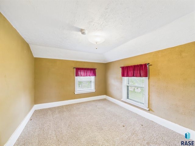 45390 284th St, Hurley, SD 57036 - empty room with carpet flooring, a smoke detector, a textured ceiling, baseboards, and lofted ceiling