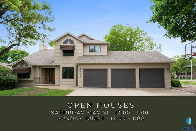4704 S Pasque Cir, Sioux Falls, SD 57105 - view of front facade with concrete driveway, a garage, a shingled roof, and a chimney