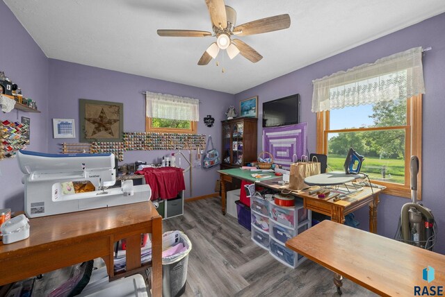 48484 262nd St, Valley Springs, SD 57068 - office area featuring wood finished floors, ceiling fan, and baseboards