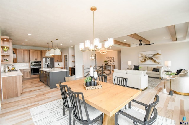 6504 E Hawker Trl, Sioux Falls, SD 57110 - dining room with light wood finished floors, beam ceiling, recessed lighting, and a chandelier