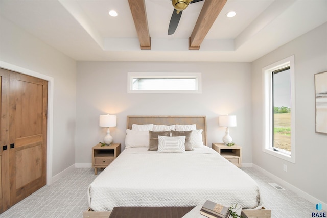 6504 E Hawker Trl, Sioux Falls, SD 57110 - bedroom with light carpet, baseboards, beamed ceiling, recessed lighting, and a ceiling fan