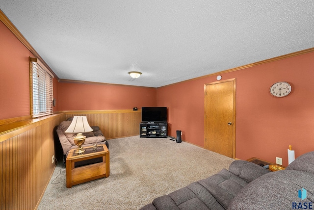 4401 E 28th St, Sioux Falls, SD 57103 - carpeted living room with a textured ceiling, a wainscoted wall, ornamental molding, and wooden walls