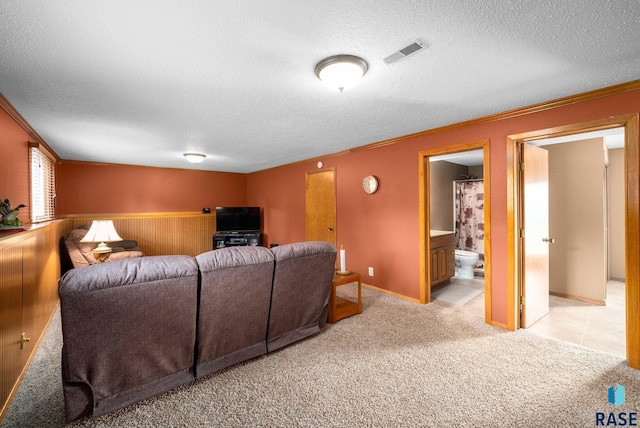4401 E 28th St, Sioux Falls, SD 57103 - living room featuring a textured ceiling, crown molding, and light colored carpet