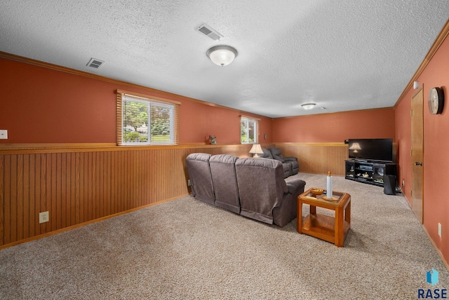 4401 E 28th St, Sioux Falls, SD 57103 - living room featuring a wainscoted wall, a textured ceiling, crown molding, carpet flooring, and wooden walls
