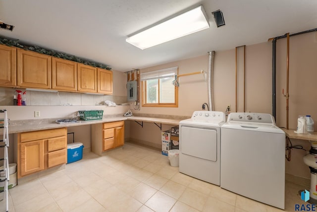 4401 E 28th St, Sioux Falls, SD 57103 - laundry room with washing machine and clothes dryer, electric panel, and light tile patterned floors