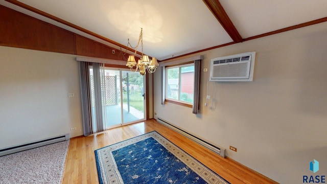 1024 Orchard Dr, Brookings, SD 57006 - unfurnished dining area featuring a baseboard radiator, a chandelier, light wood-style floors, vaulted ceiling, and baseboard heating