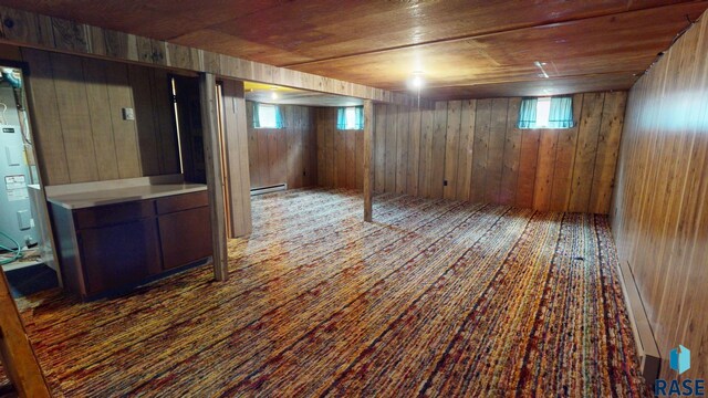 1024 Orchard Dr, Brookings, SD 57006 - basement with wood walls, electric water heater, plenty of natural light, baseboard heating, and wooden ceiling