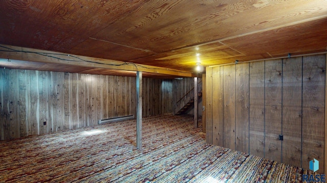 1024 Orchard Dr, Brookings, SD 57006 - finished basement with wooden ceiling, wood walls, a baseboard heating unit, and stairway