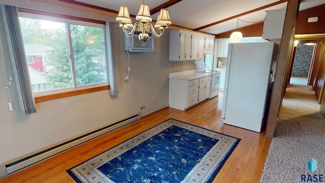 1024 Orchard Dr, Brookings, SD 57006 - kitchen with white appliances, a baseboard radiator, vaulted ceiling, light wood-style flooring, and plenty of natural light